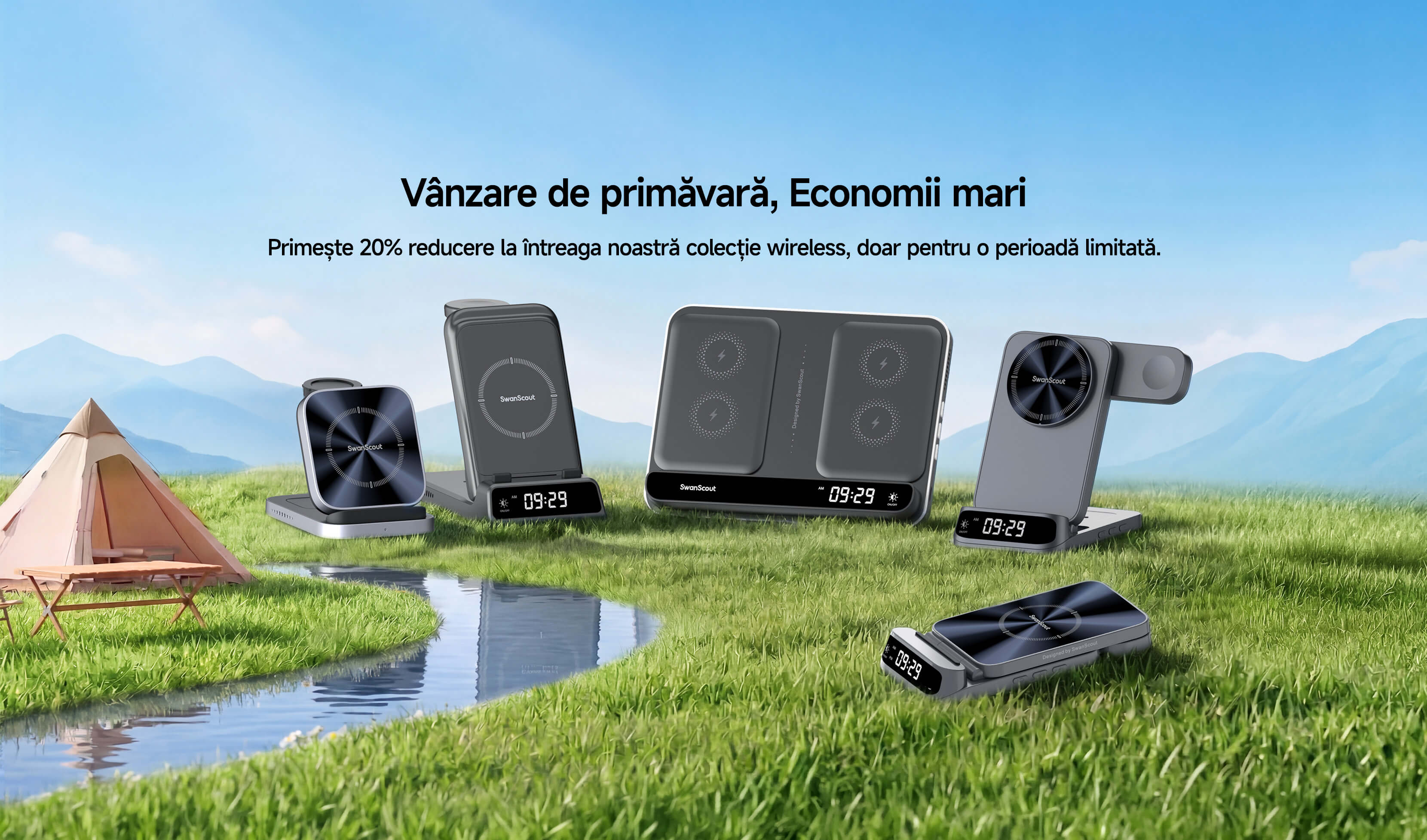 Stații de încărcare wireless SwanScout promoție primăvară 2026 într-un peisaj natural cu iarbă și râu