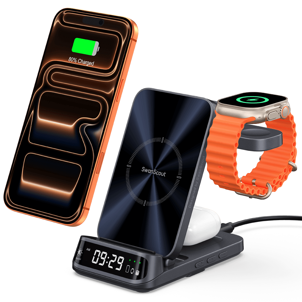 The swanscout 708A is a smart iPhone and Apple Watch charging station built for users who demand organized elegance.
