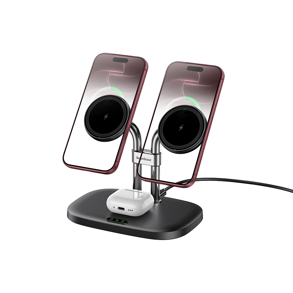 SwanScout 706M - Dual Magnetic iPhone Charger & Wireless Dock for AirPods