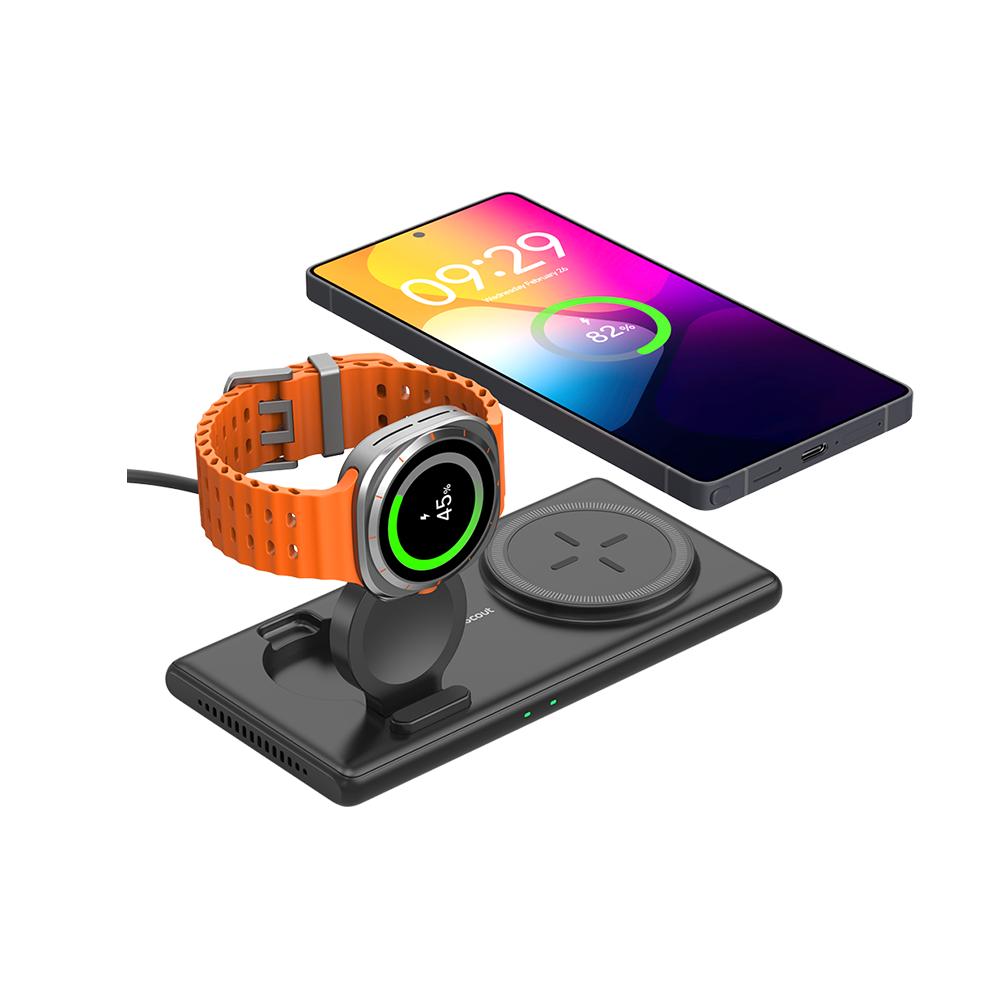 SwanScout 502S 2-in-1 wireless charger for Samsung devices, charging Galaxy S series and Galaxy Watch simultaneously with foldable stand, portable for travel