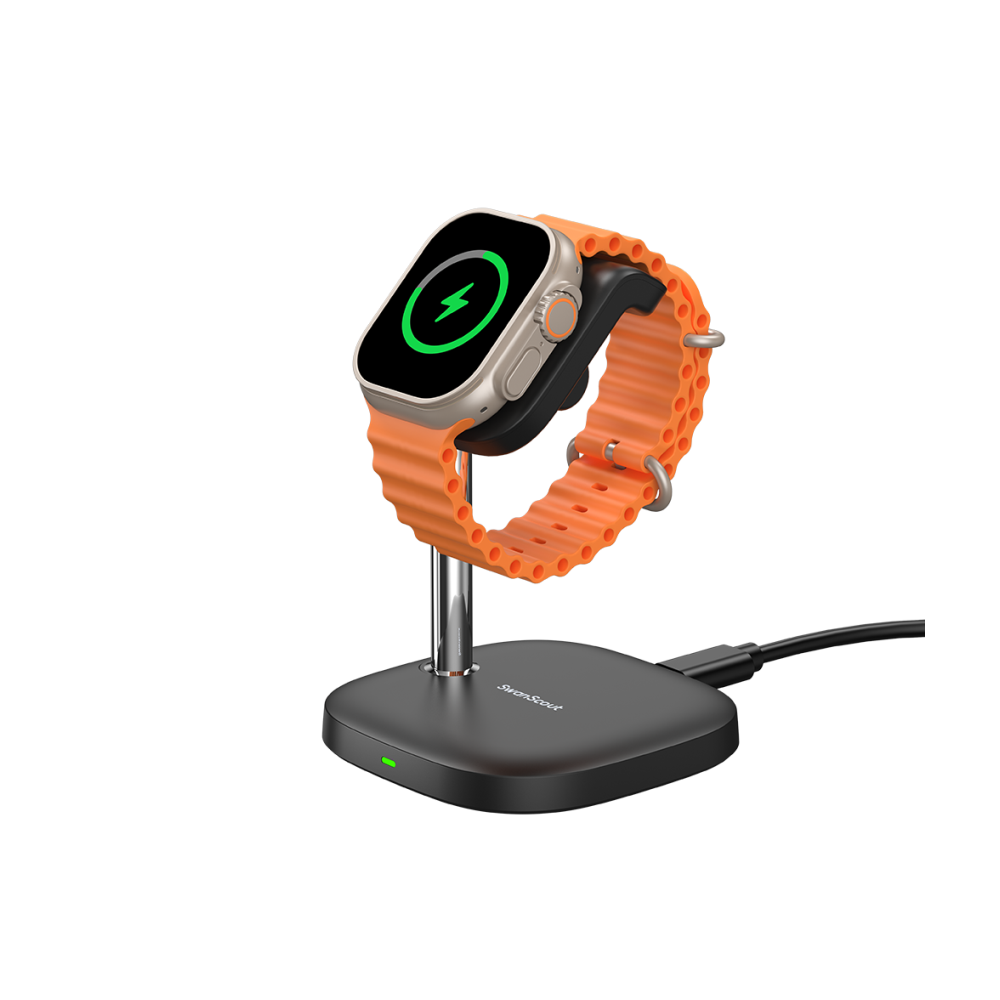 SwanScout 505A charging stand powering an Apple Watch Series 10, delivering 5W fast charging to reach 80% in 60 minutes.
