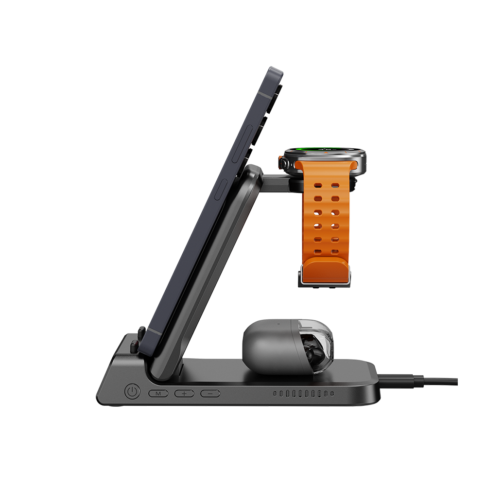 Side view of the gray SwanScout 703S featuring an ON/OFF button to switch between active charging and phone stand mode without unplugging.