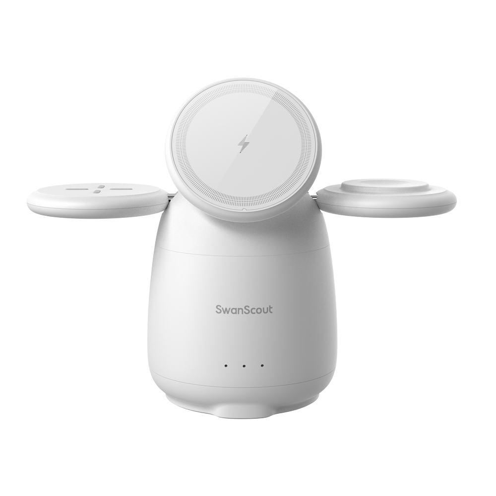 Front view of the white SwanScout 707M highlighting its clean glossy white design, side protrusions, and dedicated zones for iWatch and AirPods.