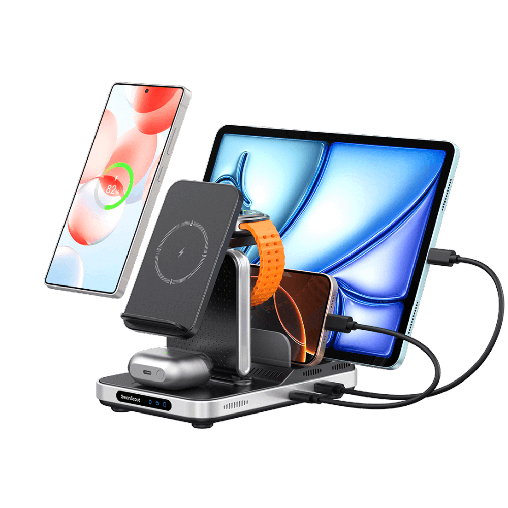SwanScout 901S 5-in-1 wireless charging station with 60W total power, simultaneously charging a Samsung phone, Galaxy Watch, earbuds, and tablet.
