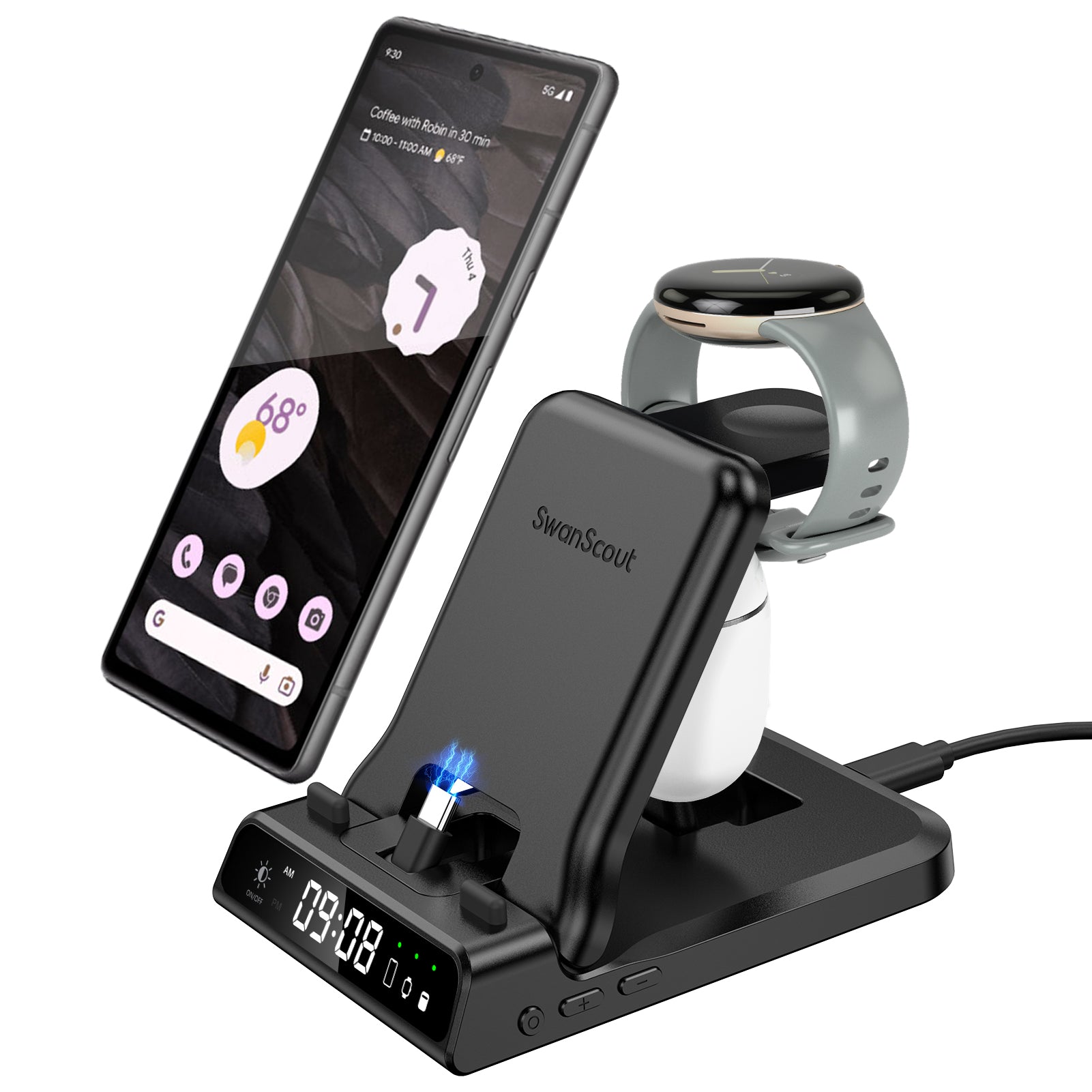 SwanScout 701G - Carregador Rápido com Fio para Pixel Watch 1 com Relógio