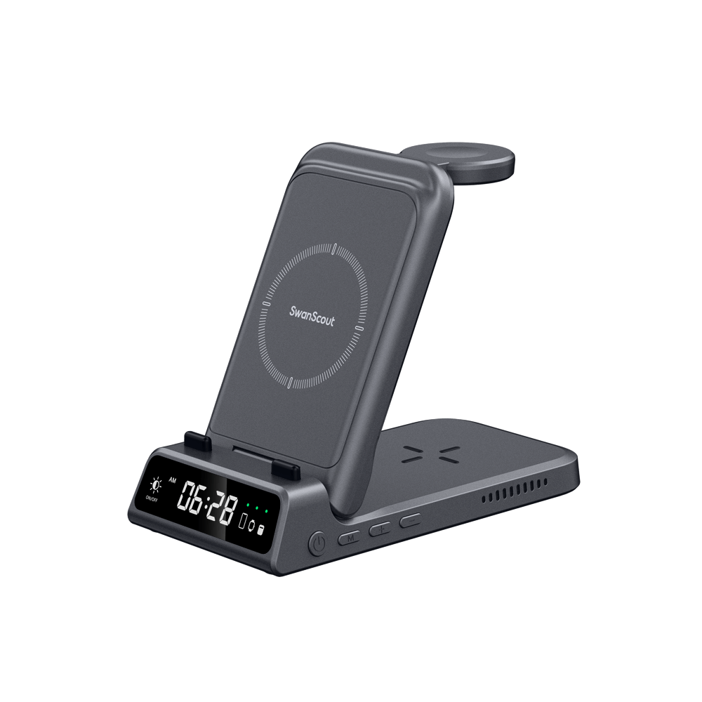 SwanScout 703A - 3 in 1 Foldable Wireless Charger for Apple with Clock