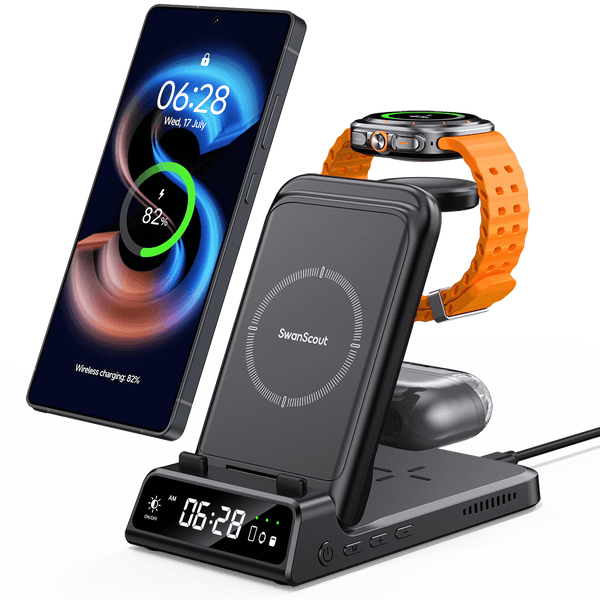 SwanScout 703S – 3 w 1 bezprzewodowa ładowarka do Samsung z zegarem