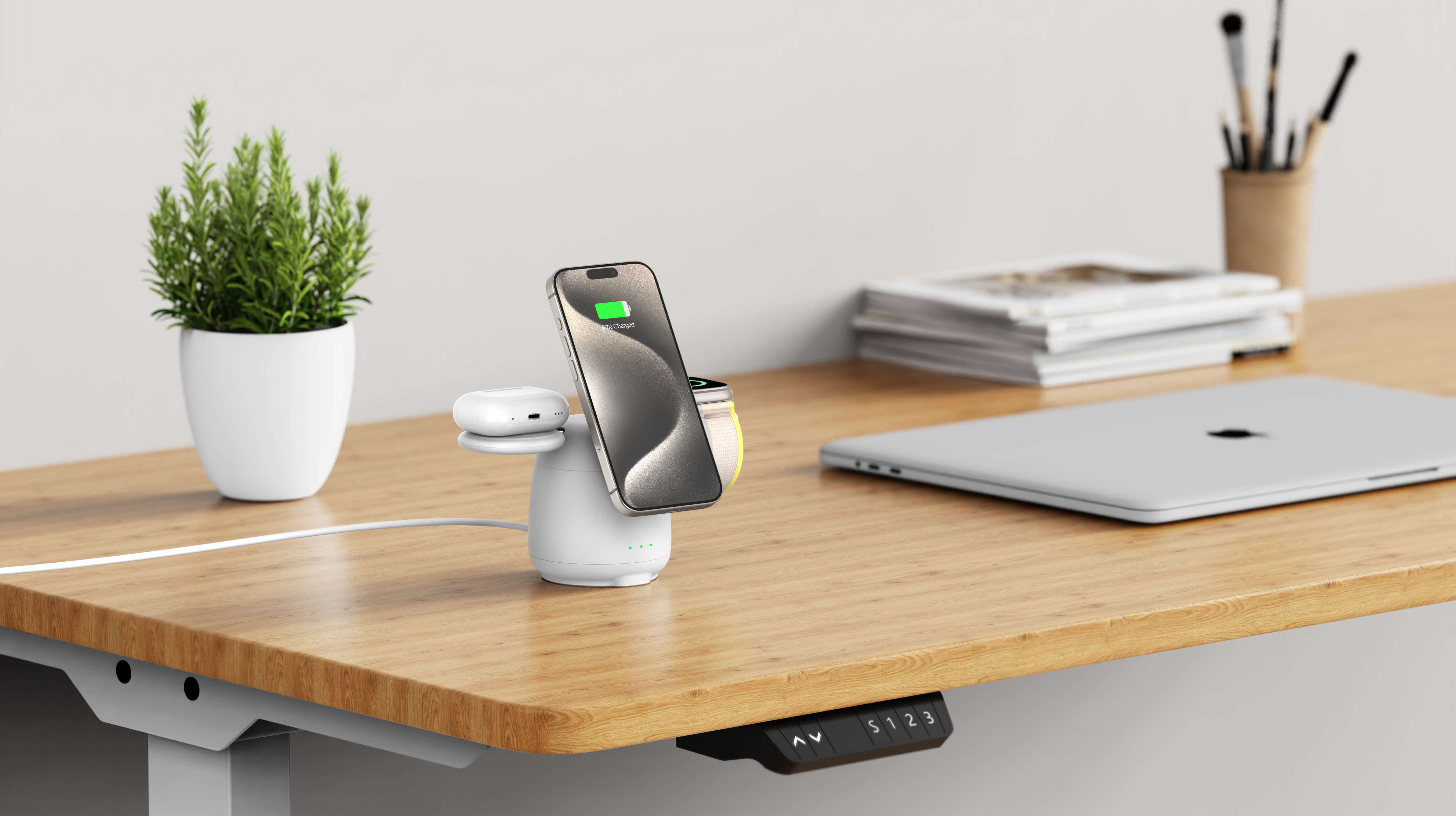 The swanscout 707M keeps the iPhone 12 Mini, Apple Watch SE, and AirPods 2 powered in one elegant station.
