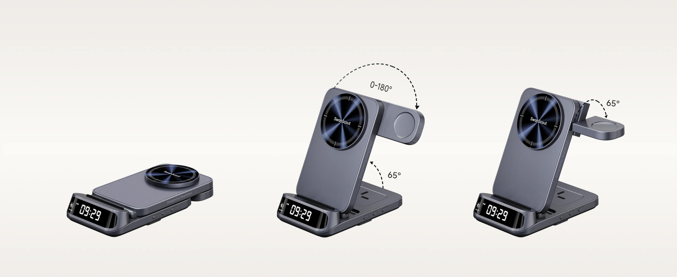 Adjustable folding angles of the SwanScout 708SM magnetic charger for Samsung devices