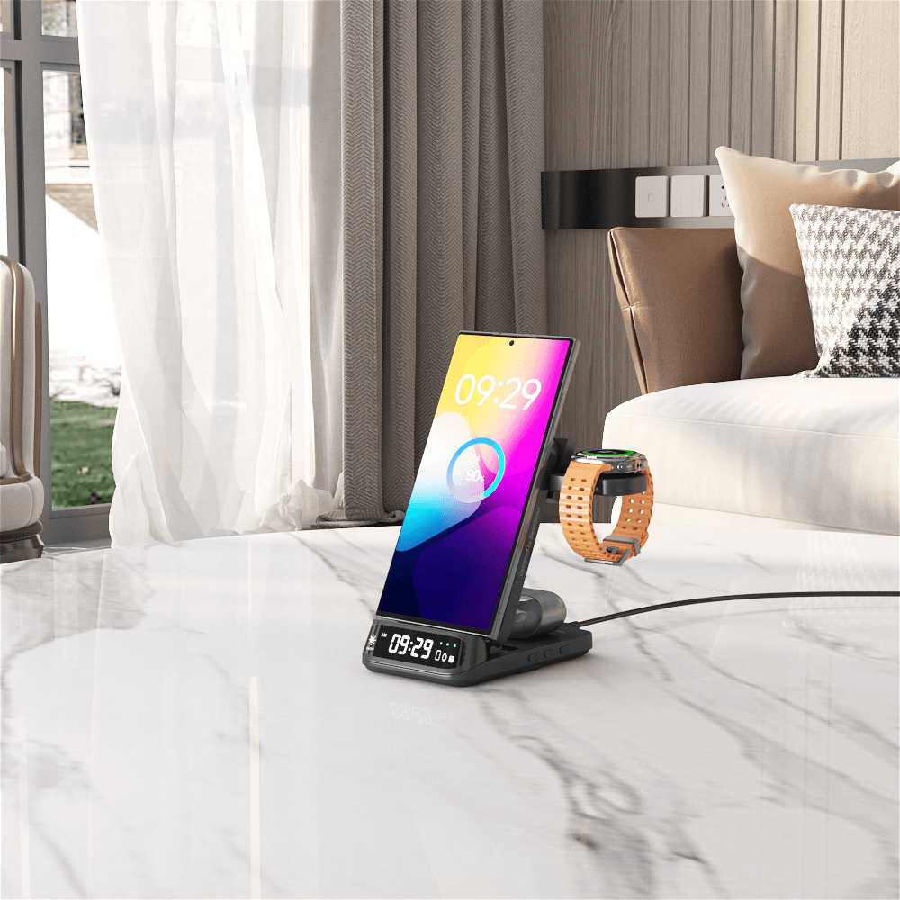 SwanScout 708S in a living room setup wirelessly charging multiple Samsung devices with elegance