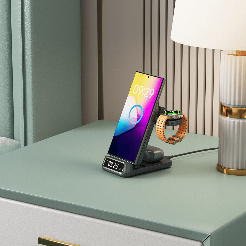 Nightstand setup with SwanScout 708S used for bedside charging of Samsung phone, watch, and earbuds