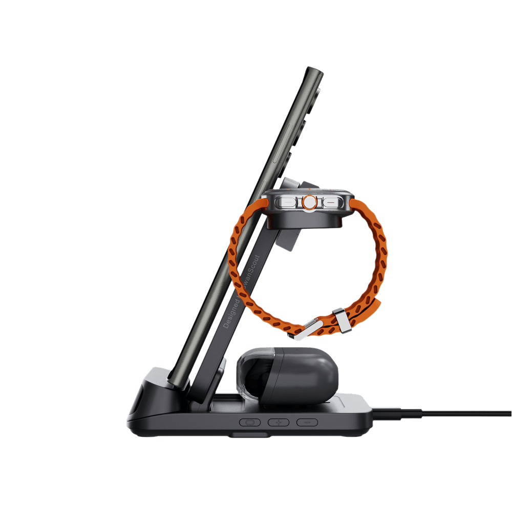Side view of SwanScout 708S charging Samsung Galaxy devices with stable 3-in-1 wireless design