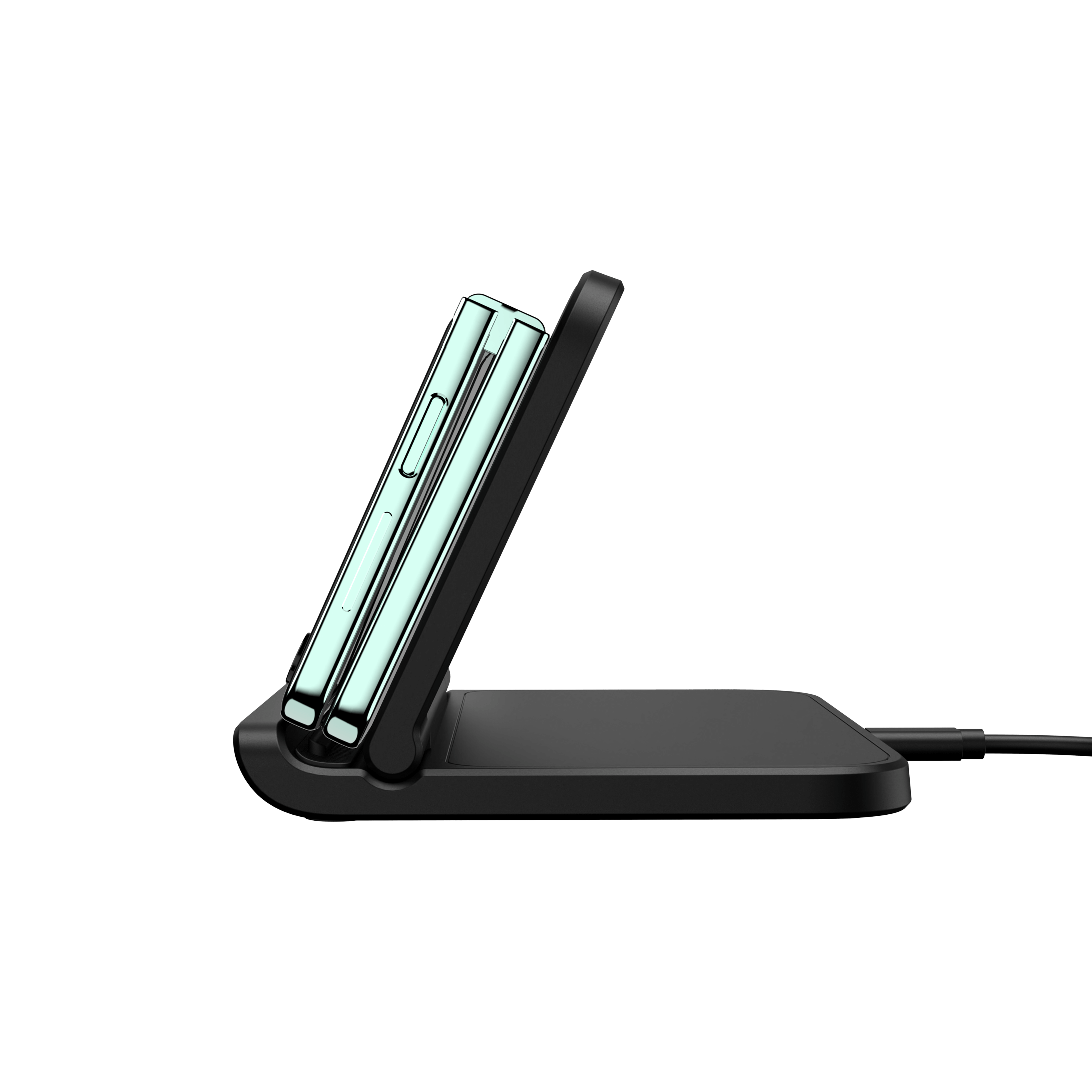 SwanScout 503S wireless charging pad for Galaxy Z Fold, shown charging the phone in folded position, horizontal side view