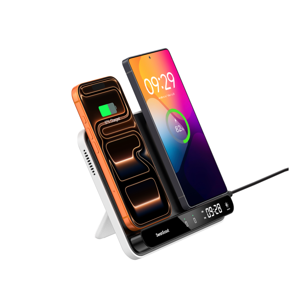 SwanScout 504 dual wireless charging stand simultaneously powering an iPhone 17 and a Samsung Galaxy S25 Ultra with a built-in touch clock