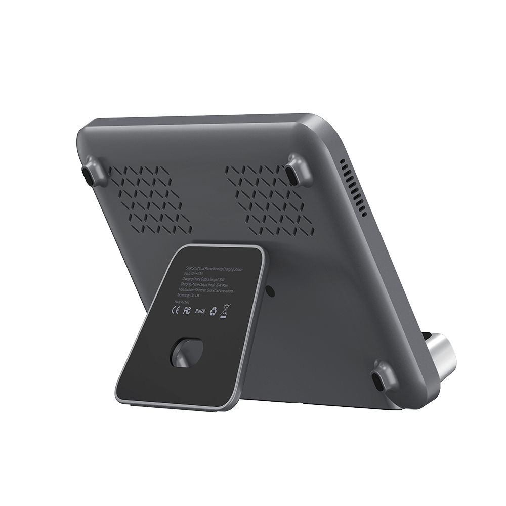 SwanScout 504 dual phone wireless charger station with multiple device charging, compatible with Samsung smartphones.