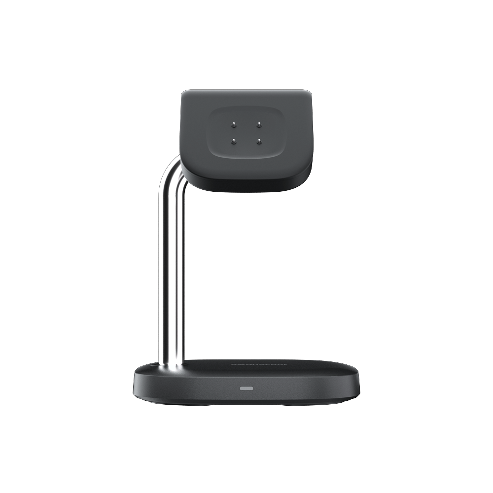 SwanScout 505FB charging stand for Fitbit watch with palladium pins, anti-rust design, and sleek silver finish.