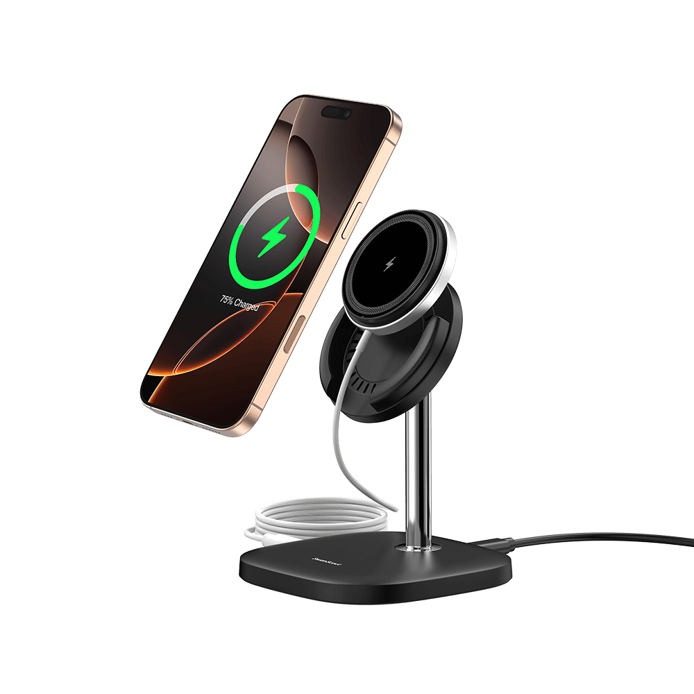 SwanScout 506M magnetic wireless charger powering an iPhone 17 Pro, featuring a detachable pad and an elegant aluminum-alloy stand