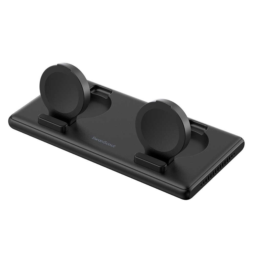 SwanScout 507DS dual Samsung watch charger dock with adaptive height for Galaxy Watch models, sleek and functional design.