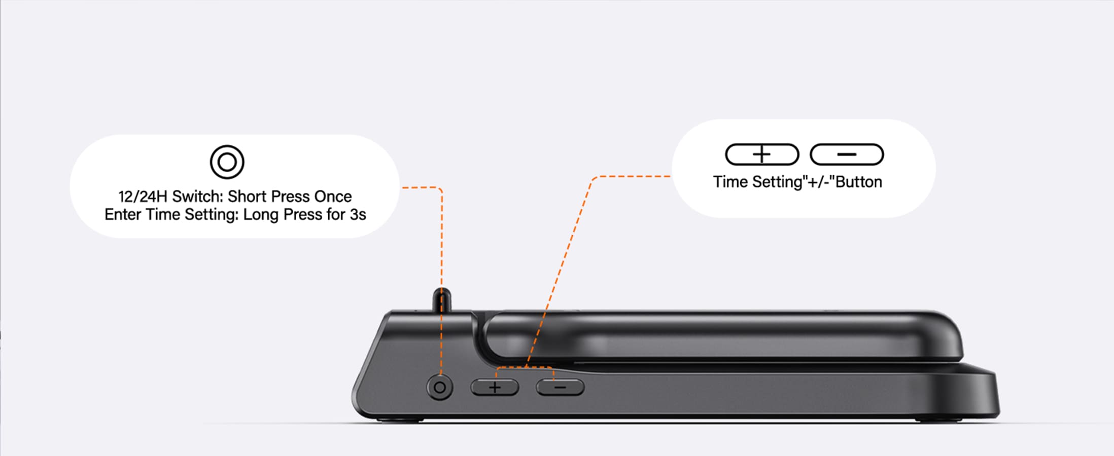 Clock time setting buttons for setting the display time on the SwanScout 701AC 3-in-1 Apple charging station