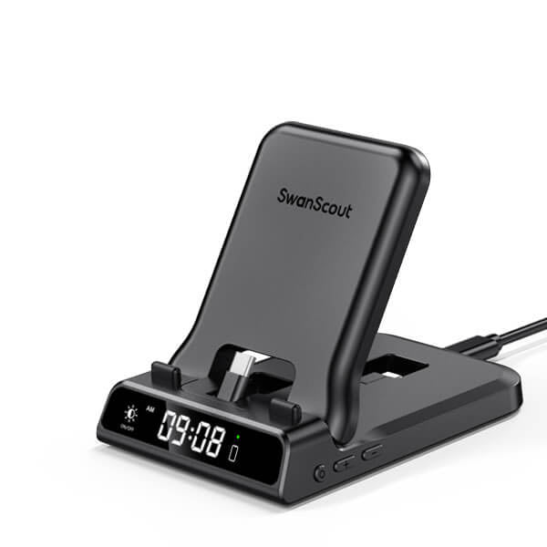SwanScout 701AC wired fast charger for Apple with USB C port and clock, shown on a foldable iPhone charging stand side profile.