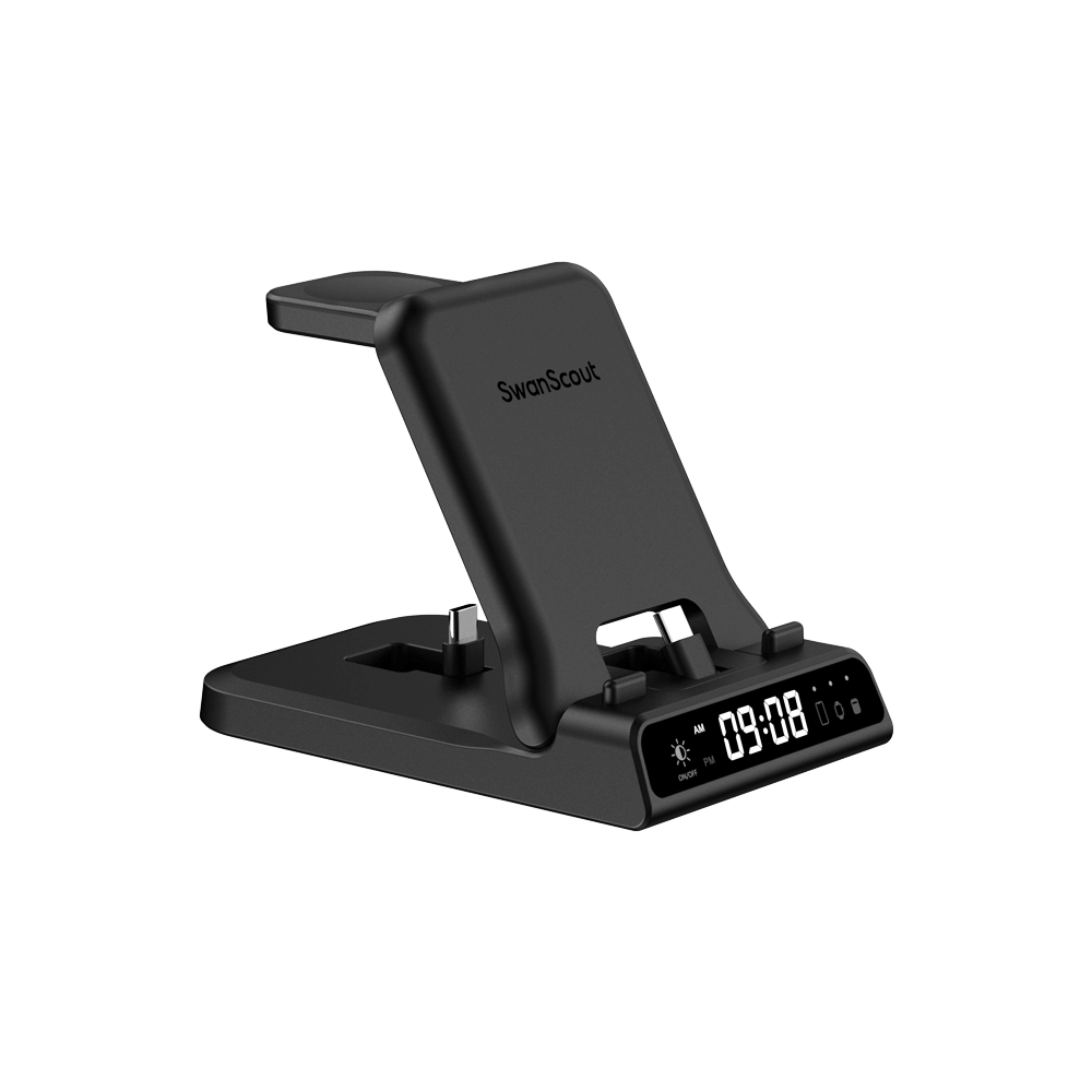 SwanScout 701S wired fast charger with digital clock display, designed for Samsung smartphones, placed on a desktop organizer.