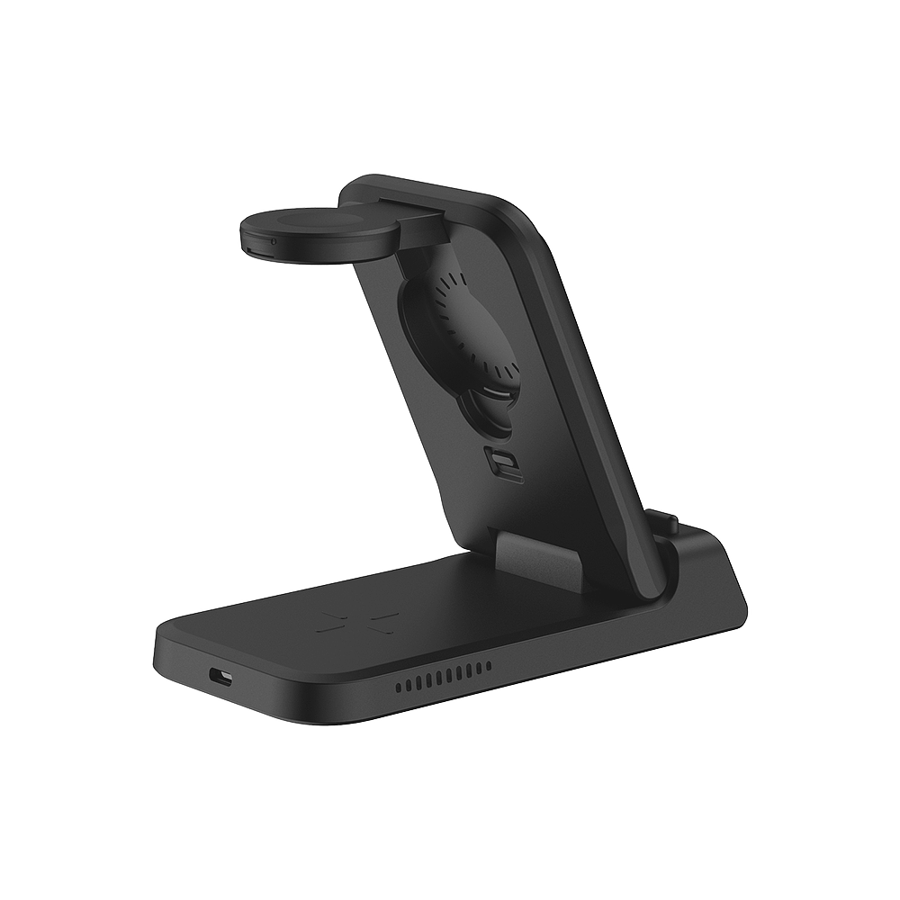 Rear view of SwanScout 703A 3-in-1 foldable wireless charger stand for Apple devices with built-in clock display.