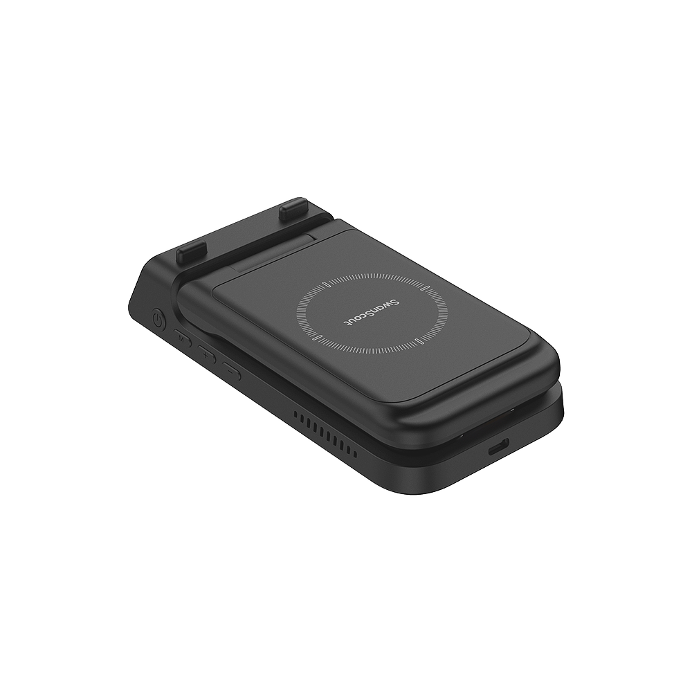 SwanScout 703A 3-in-1 foldable wireless charger for Apple devices with clock display, shown in folded back view.