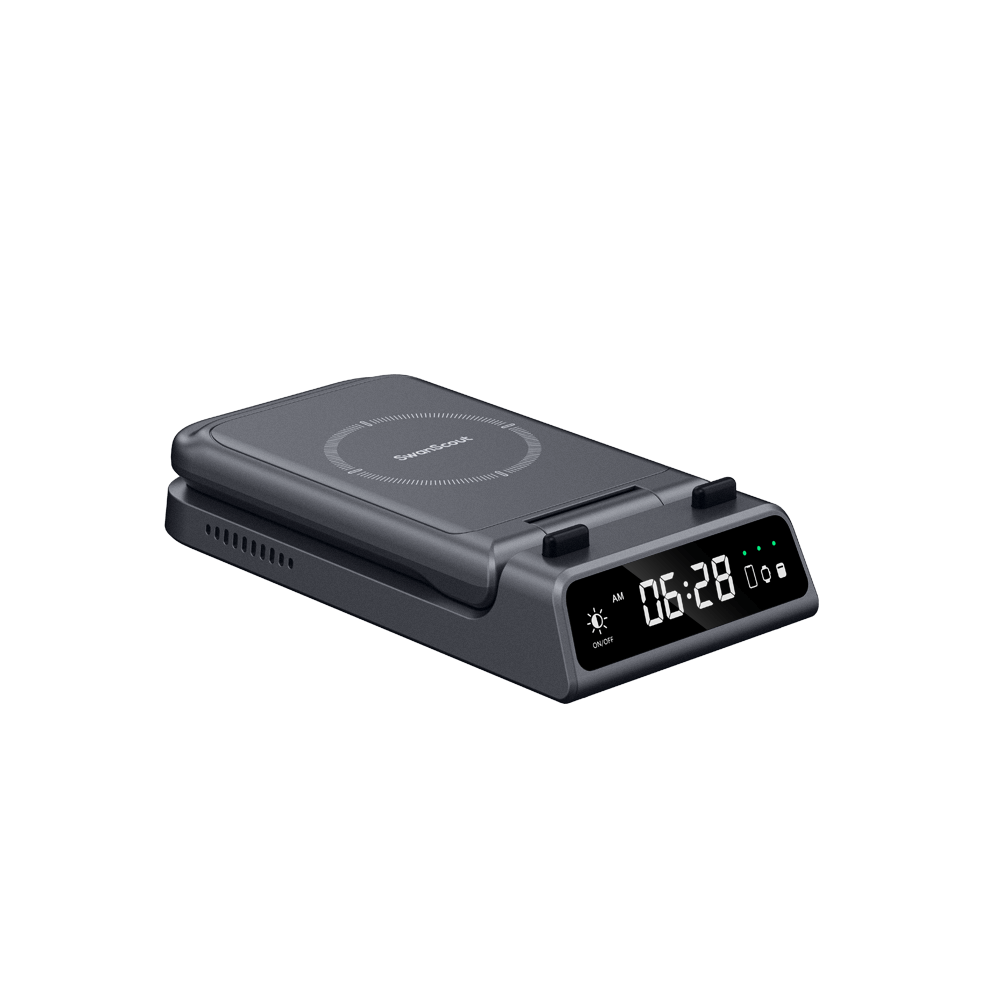 Gray SwanScout 703A 3-in-1 foldable wireless charger for Apple devices with built-in clock, ideal for travel and convenience.