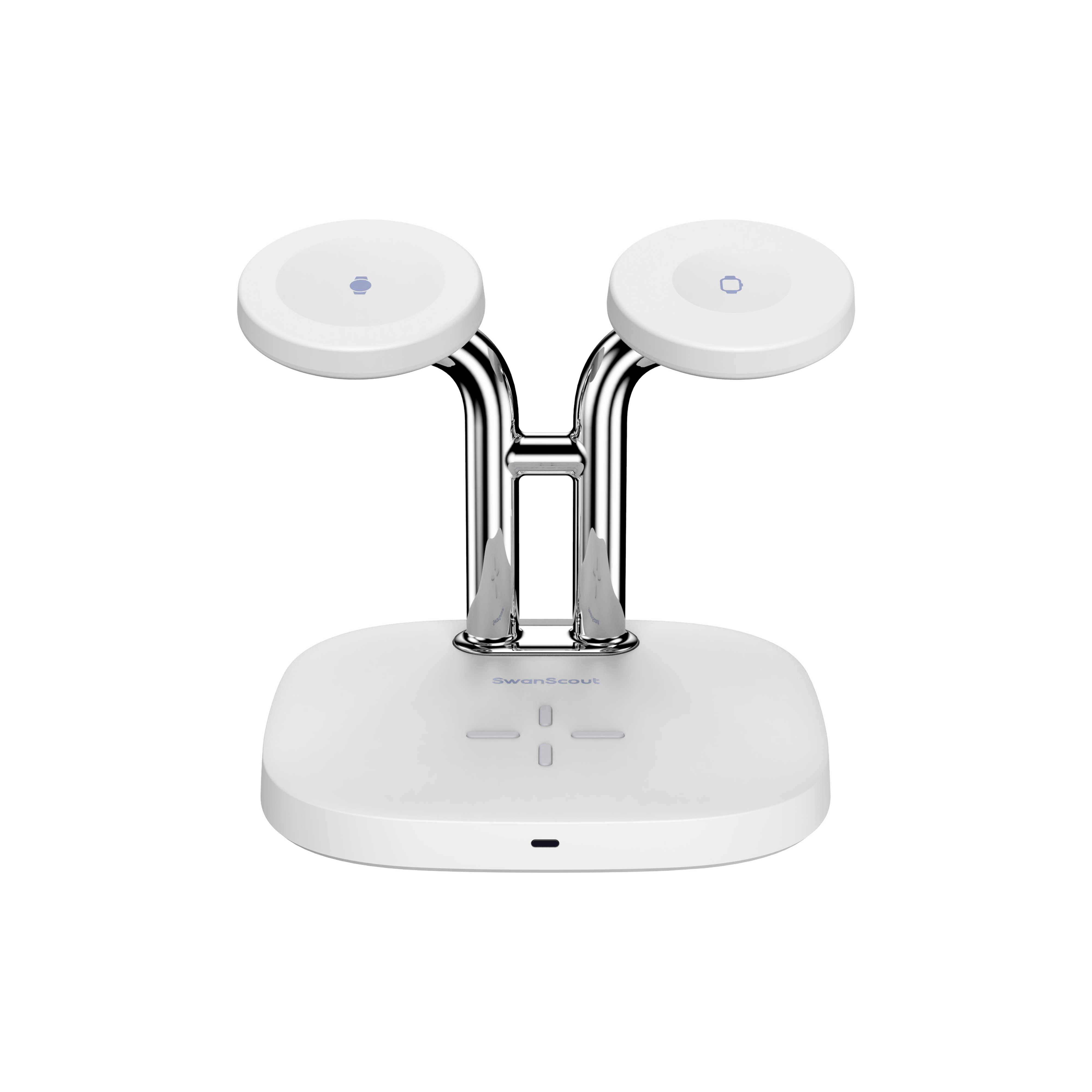 SwanScout 704D dual watch wireless charger for Apple and Samsung with front view showing charging docks for smartwatches.