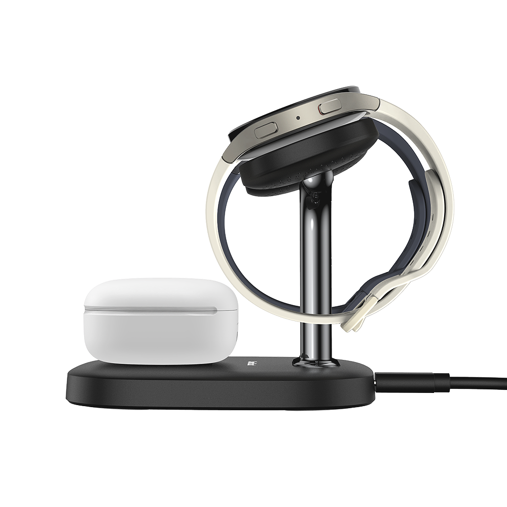 SwanScout 704S dual watch wireless charger for Samsung, black side view with nightstand mode display