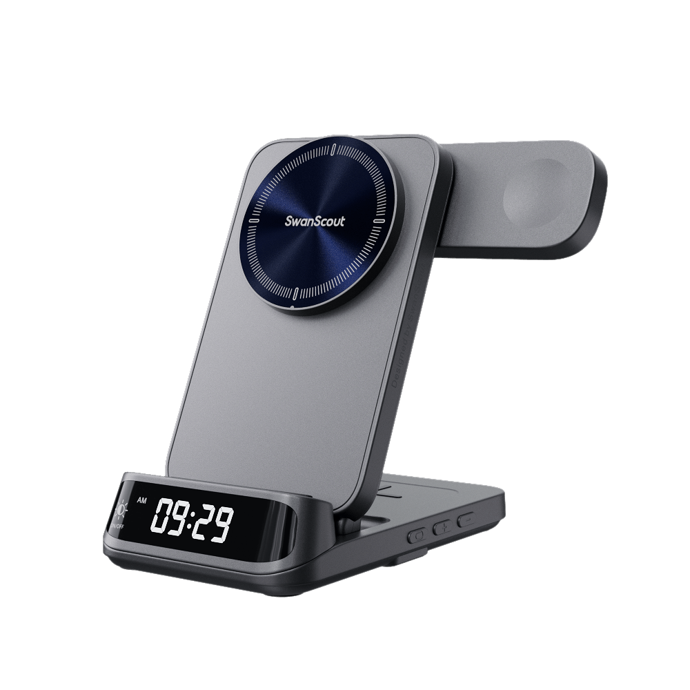 SwanScout 708M 3-in-1 magnetic wireless charger for Apple devices with curved LED clock display and textured UV finish.