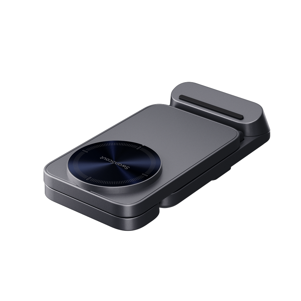 SwanScout 708M 3-in-1 magnetic wireless charger for Apple devices with clock display, folded back view showing compact design.