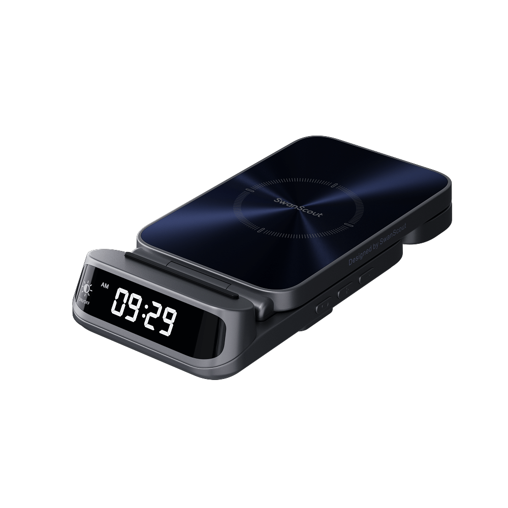 SwanScout 708S 3-in-1 wireless charger for Samsung devices with clock display, compact foldable travel design, black finish.