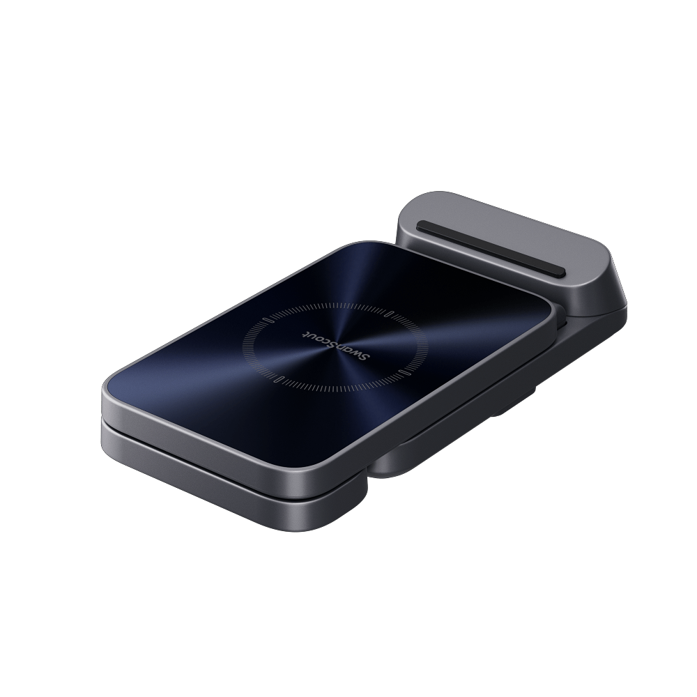SwanScout 708S 3-in-1 wireless charger for Samsung with clock, folded view showing compact portable charging station with sleek design.