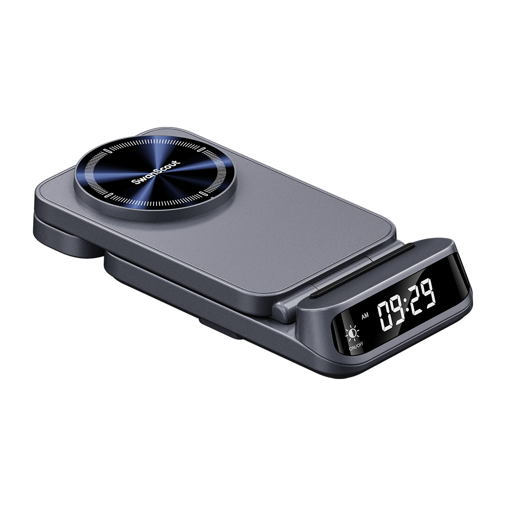SwanScout 708SM 3-in-1 magnetic wireless charger for Samsung, with built-in clock, shown from top view on a white surface.