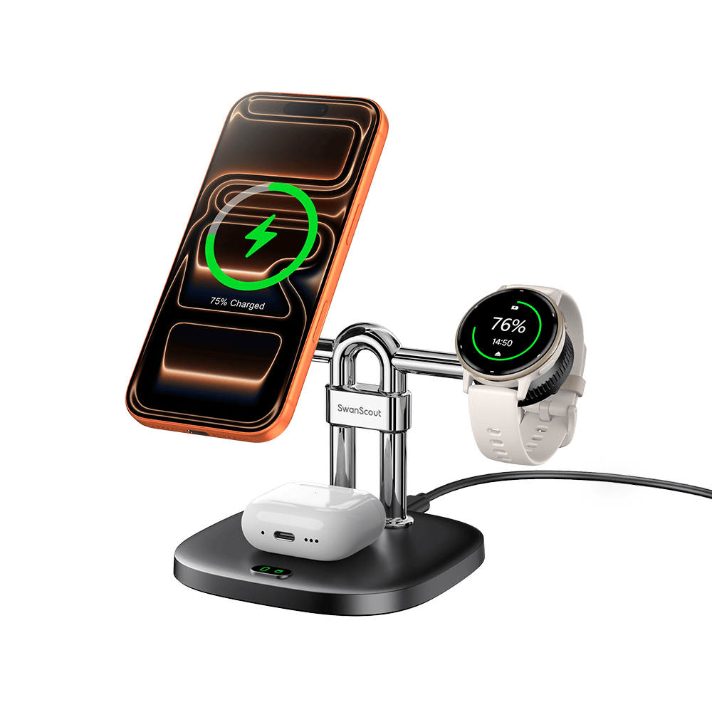 SwanScout 712GM 3-in-1 magnetic charger stand powering iPhone AirPods and Garmin watch