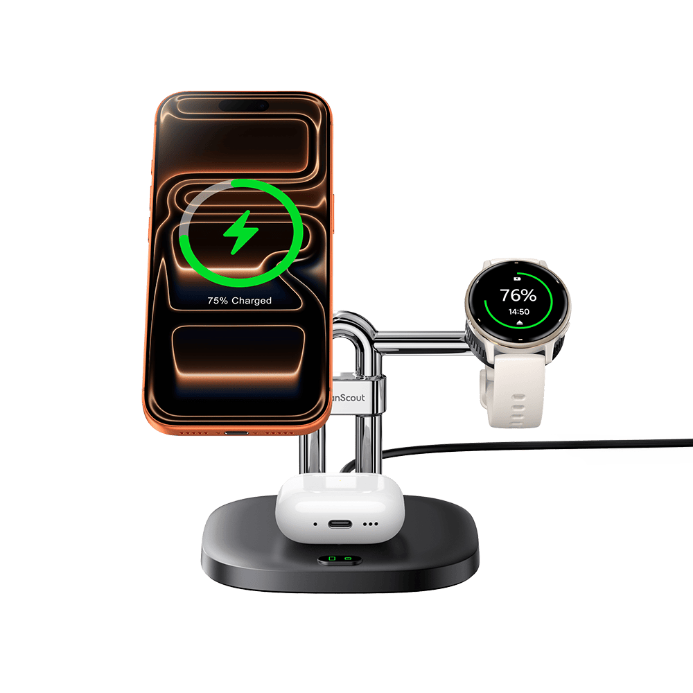 SwanScout 712GM simultaneously charging iPhone wireless earbuds and Garmin watch