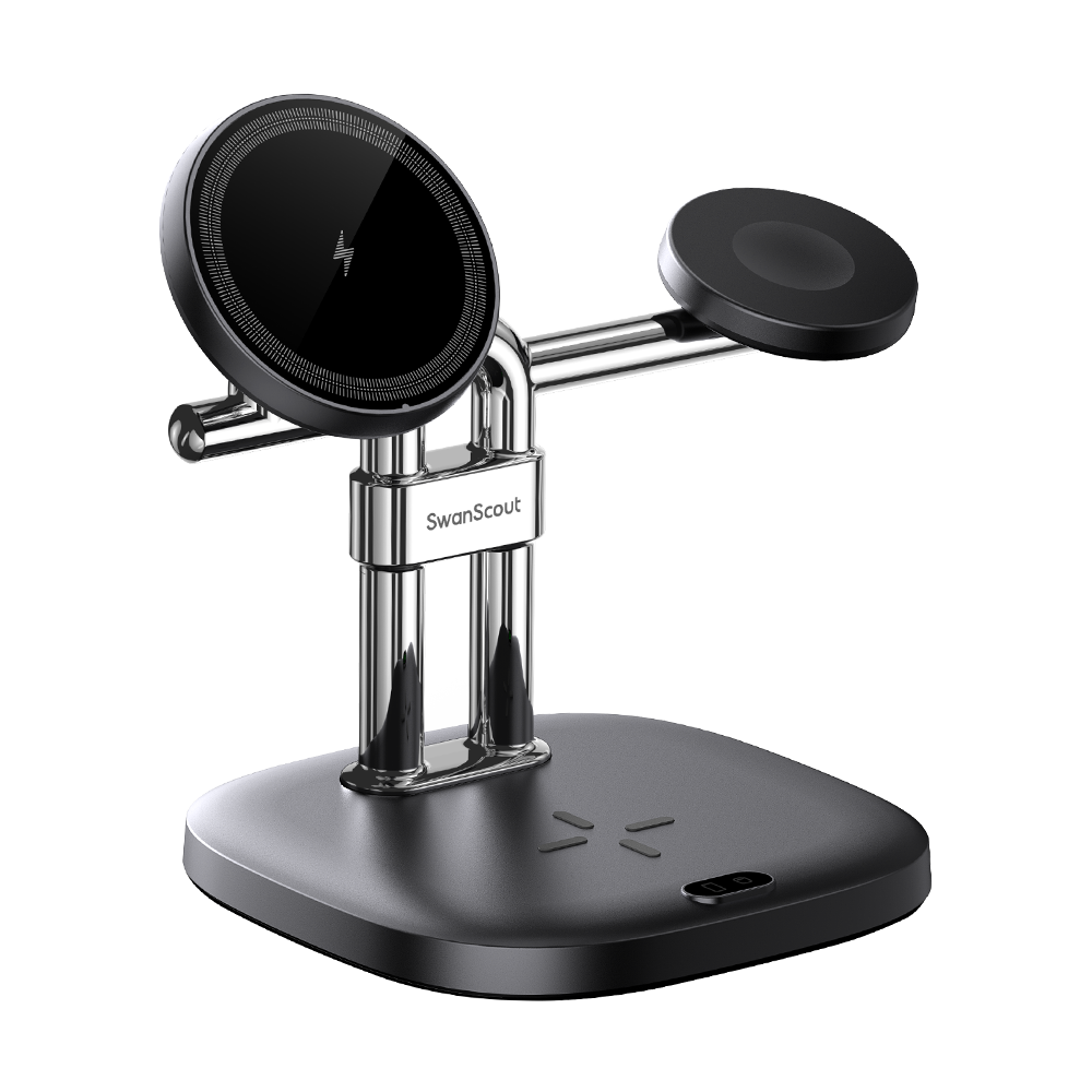 Front-left angled view of SwanScout 712M, illustrating the vertical video mode and tidy desk solution for the complete Apple ecosystem