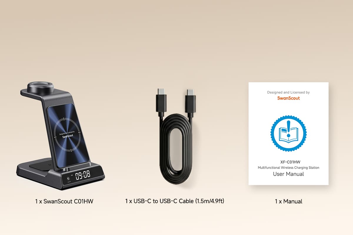 Wireless charging station package includes charger USB-C cable and user manual providing complete setup for Huawei Watch phone and earbuds SwanScout C01HW