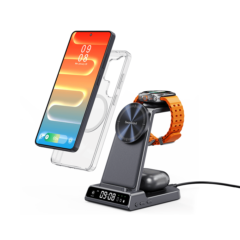 3 in 1 magnetic wireless charging station for Samsung Galaxy S26 S25 phones Galaxy Watch and Galaxy Buds left front view fast stable charging SwanScout C01SM