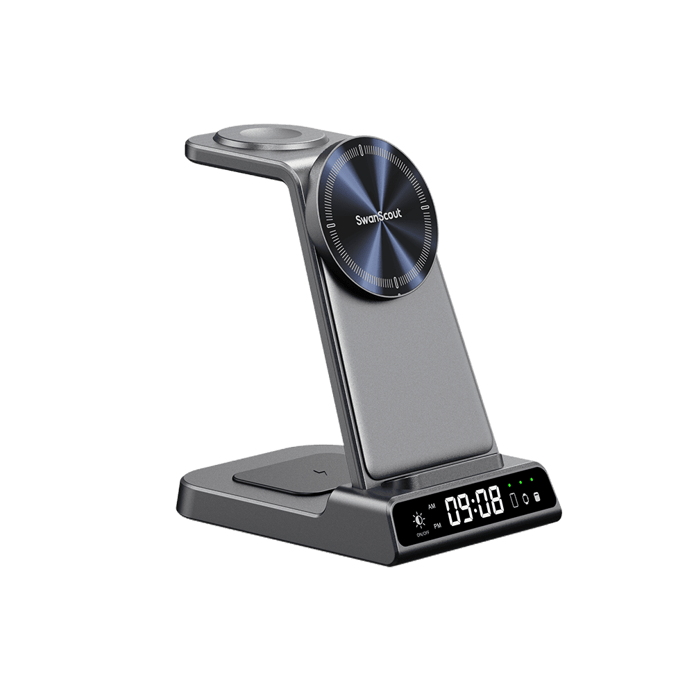 SwanScout C02M 3-in-1 magnetic charging station for Apple devices, minimal design with front-left view showing charging ports and sleek build.