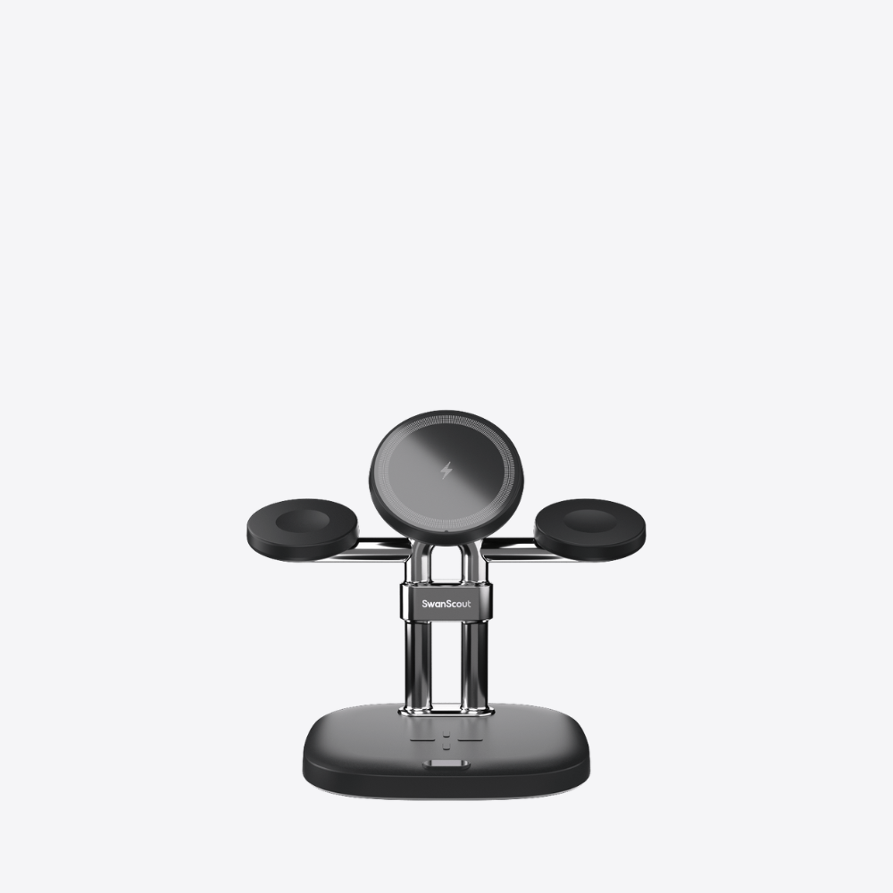 SwanScout 709M | 4-in-1 Apple wireless charging station designed for iPhone, Apple Watch, AirPods, and an extra device—sleek and efficient.