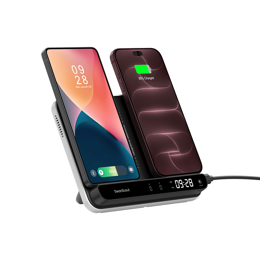 Dual phone wireless charger stand charging two phones at the same time SwanScout 504