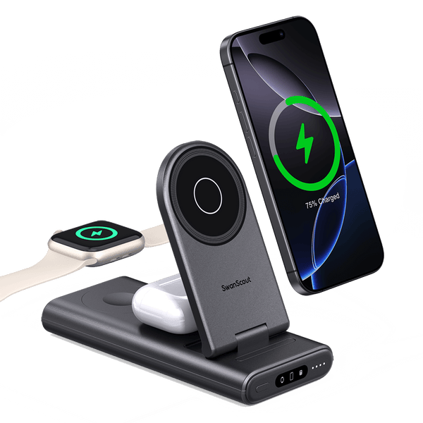 SwanScout 301M is a 3-in-1 foldable magnetic power bank, designed for seamless charging with MagSafe-compatible devices.