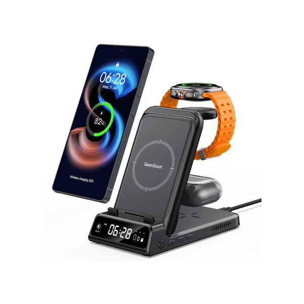 SwanScout 703S -  3 in 1 Foldable Wireless Charger for Samsung with Clock