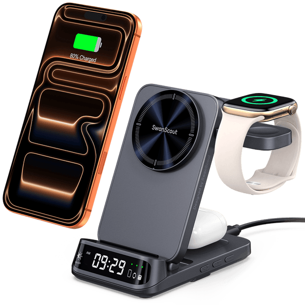 The swanscout 708M combines elegance and speed with fast wireless charging for iPhone and Apple Watch.