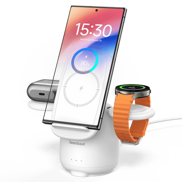 SwanScout 707S is a stable and elegant 3-in-1 wireless charger compatible with Samsung devices.