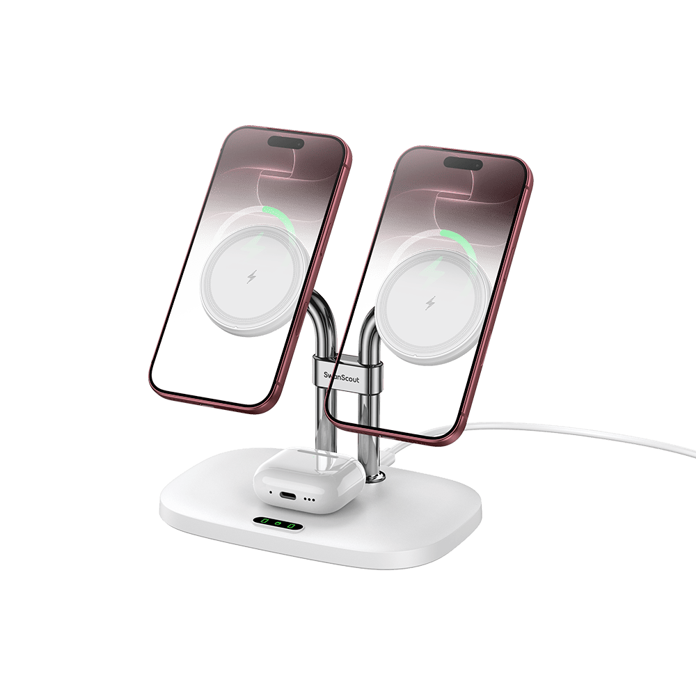 SwanScout 706M - Dual Magnetic iPhone Charger & Wireless Dock for AirPods
