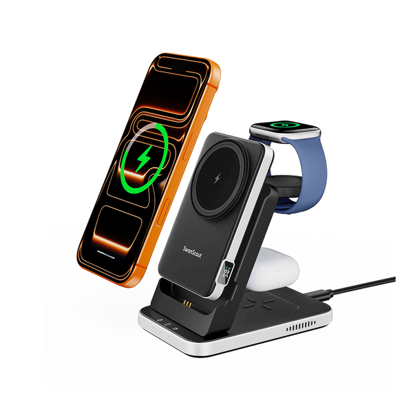 SwanScout 304M 3-in-1 charging station with a detachable 5000mAh MagSafe power bank, powering iPhone 16, Apple Watch, and AirPods simultaneously.