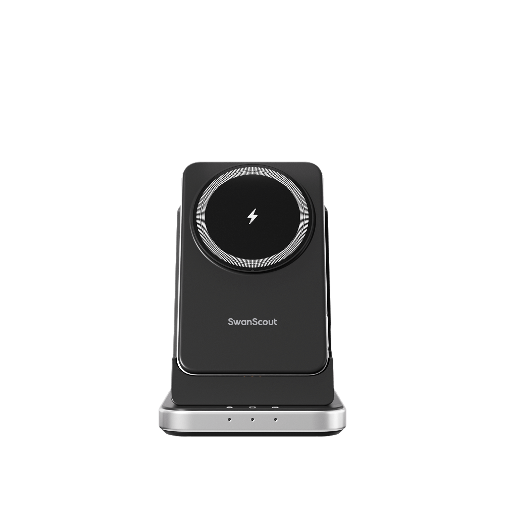 Front view of SwanScout 304M featuring a 5W fast charger for Apple Watch and a wireless charging base for AirPods 4 and Pro series.